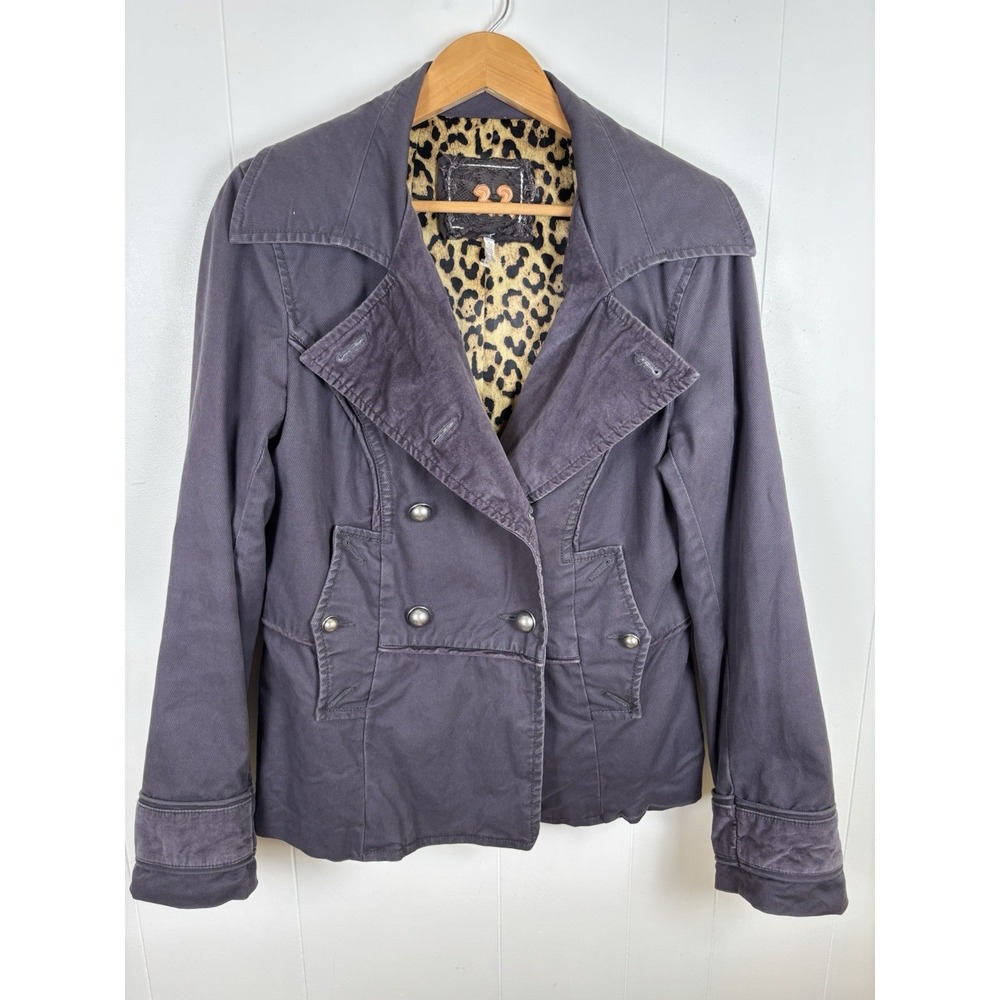 Y2K Twill Twenty Two Large Gray Double Breast Jacket Leopard Print Velvet Collar